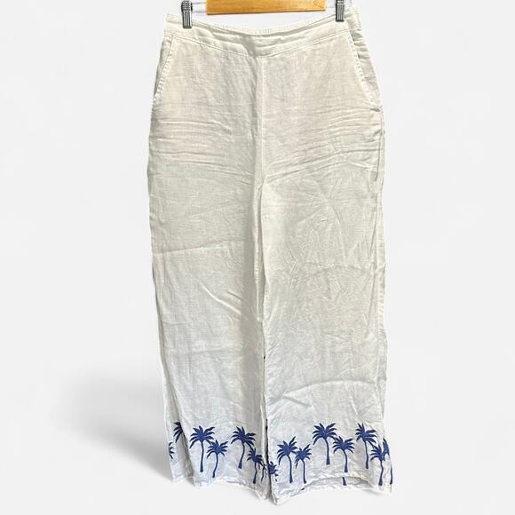 Calypso St. Barth White Linen Pants Blue Palm Tree Print Coastal Resort Wear - Picture 2 of 9